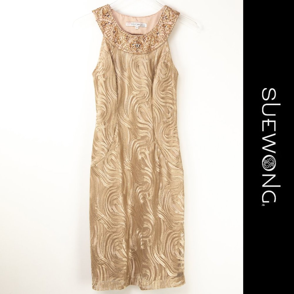 Sue Wong Nocturne Dress Cocktail Sheath Evening Beads Glam Sequins Gold Size 4